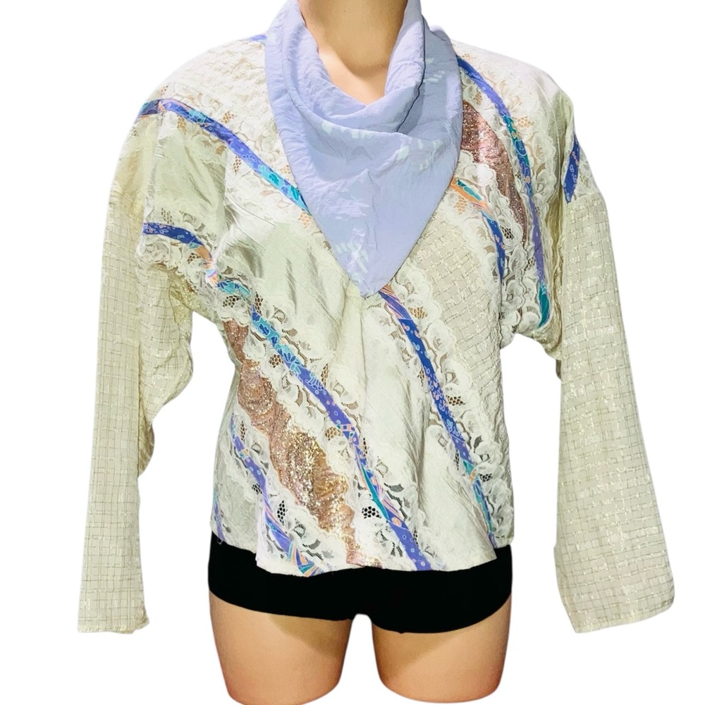 Vintage Koos Van Den Akker Designer Lace Blouse Gold Purple 80s 70s Disco 4
